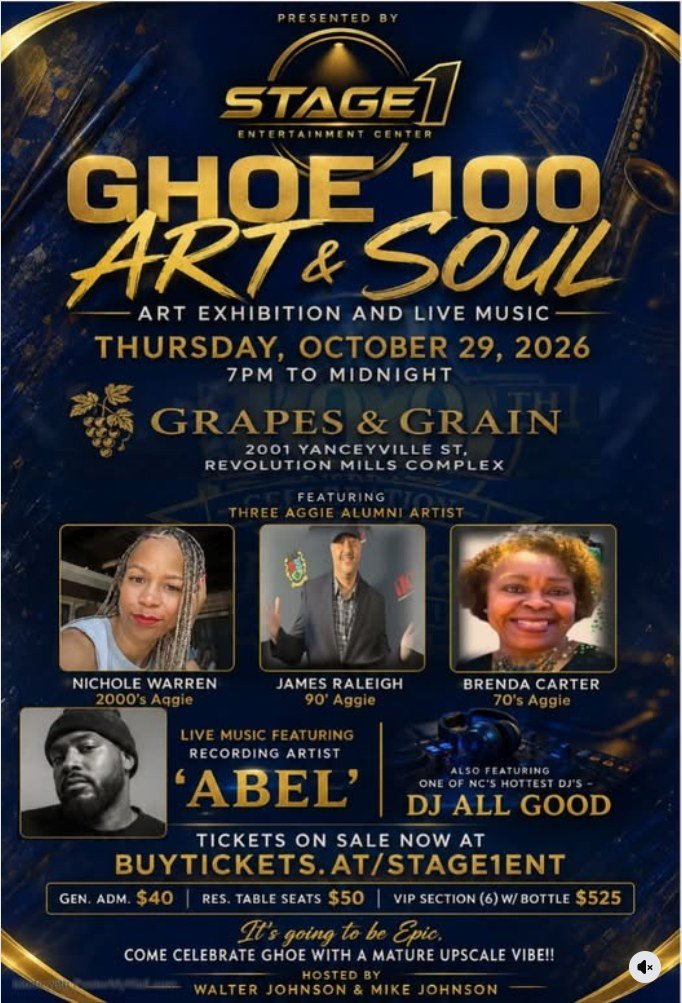 GHOE 100: Art & Soul flyer — art exhibition and live music, Thursday, October 29, 2026 at Grapes & Grain, Revolution Mills, Greensboro NC